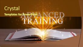  Presentation with open book - PPT theme with advanced-training-inscription-coming-out background and a tawny brown colored foreground