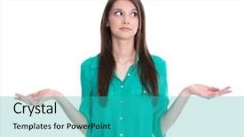  Presentation with hands holding - Audience pleasing PPT layouts consisting of advantage - unsatisfied isolated woman holding her backdrop and a teal colored foreground