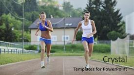  Presentation with race track - PPT layouts having advantages sports - young girl morning run background and a seafoam green colored foreground