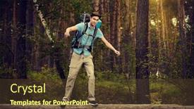  Presentation with adventure - PPT theme featuring adventure concept young man hiking in the forest active lifestyle tourism tourist equipment background and a tawny brown colored foreground