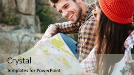  Presentation with terrain map - Beautiful PPT theme featuring adventure couple with map backdrop and a  colored foreground