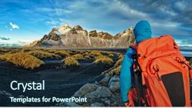  Presentation with outdoor clothes for outdoor activity - Audience pleasing presentation design consisting of adventure sports - young man traveler with backpack backdrop and a ocean colored foreground