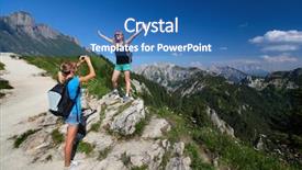  Presentation with backpacks - PPT layouts having young ladies with backpacks taking a pictures with alps on the background background and a ocean colored foreground