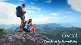  Presentation with backpacks - Colorful presentation theme enhanced with man cliff - young tourists with backpacks enjoying backdrop and a ocean colored foreground
