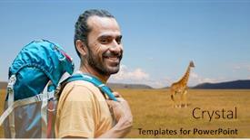  Presentation with savannah - Cool new presentation theme with adventure travel tourism hike and people concept - smiling man with backpack over giraffe in african savannah background backdrop and a gold colored foreground