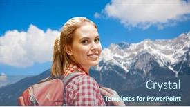  Presentation with adventure - Audience pleasing presentation theme consisting of adventure travel tourism hike and people concept - smiling young woman with backpack over alps mountains background backdrop and a ocean colored foreground
