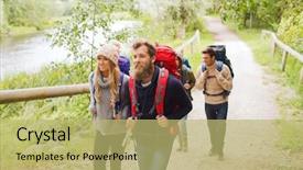  Presentation with travel friends - Cool new slide set with adventure travel tourism hike and people concept - group of smiling friends walking with backpacks backdrop and a yellow colored foreground