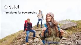  Presentation with travel friends - Beautiful presentation design featuring adventure travel tourism hike and people concept - group of smiling friends with backpacks walking down downhill backdrop and a white colored foreground