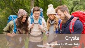  Presentation with travel friends - PPT theme consisting of adventure travel tourism hike and people concept - group of smiling friends with backpacks and map outdoors background and a coral colored foreground