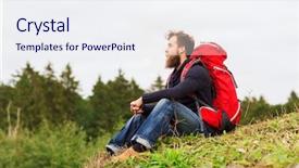  Presentation with adventure - Slides having adventure travel tourism hike and people concept - man with beard and red backpack sitting on ground background and a sky blue colored foreground