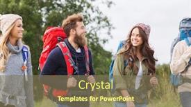  Presentation with travel friends - PPT theme featuring adventure travel tourism hike and people concept - group of smiling friends walking with backpacks background and a violet colored foreground