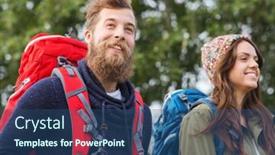  Presentation with travel friends - Cool new presentation with adventure travel tourism hike and people concept - group of smiling friends walking with backpacks backdrop and a ocean colored foreground
