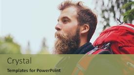  Presentation with adventure - Audience pleasing PPT theme consisting of adventure travel tourism hike and people concept - smiling man with beard and red backpack hiking backdrop and a yellow colored foreground