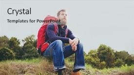  Presentation with adventure - Slides featuring adventure travel tourism hike and people concept - smiling man with red backpack sitting on ground background and a light gray colored foreground