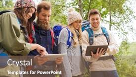  Presentation with travel friends - Colorful PPT layouts enhanced with adventure travel tourism hike and people concept - group of smiling friends with backpacks and tablet pc computers outdoors backdrop and a violet colored foreground