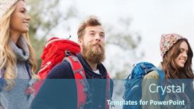  Presentation with travel friends - Cool new slides with adventure travel tourism hike and people concept - group of smiling friends walking with backpacks backdrop and a ocean colored foreground