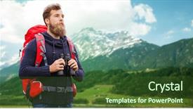  Presentation with binocular - PPT theme having adventure travel tourism hike and people concept - man with red backpack and binocular over alpine mountains background background and a tawny brown colored foreground