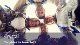  Presentation with travel friends - Presentation theme featuring adventure travel tourism hike and people concept - group of smiling friends with backpacks standing in circle and holding to each other outdoors background and a navy blue colored foreground