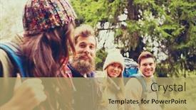  Presentation with travel friends - Slide deck featuring adventure travel tourism hike and people concept - group of smiling friends with backpacks and tablet pc computer walking outdoors background and a coral colored foreground