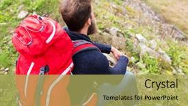  Presentation with adventure - Slides enhanced with adventure travel tourism hike and people concept - man hiker with red backpack sitting on ground background and a yellow colored foreground