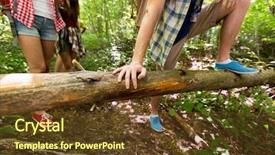  Presentation with travel friends - Cool new theme with adventure travel tourism hike and people concept - close up of friends hiking with backpacks and climbing over fallen tree trunk in woods backdrop and a tawny brown colored foreground