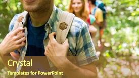  Presentation with travel friends - Colorful PPT theme enhanced with adventure travel tourism hike and people concept - close up of friends walking with backpacks in woods backdrop and a red colored foreground