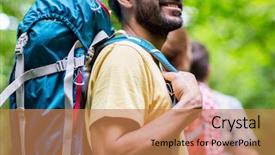  Presentation with travel friends - Cool new PPT theme with adventure travel tourism hike and people concept - close up of friends walking with backpacks in woods backdrop and a coral colored foreground