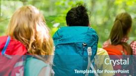  Presentation with travel friends - PPT layouts having adventure travel tourism hike and people concept - close up of friends walking with backpacks in woods from back background and a ocean colored foreground