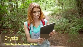  Presentation with adventure - Presentation design consisting of adventure travel tourism hike and people concept - happy young woman with backpack and tablet pc computer sitting on fallen tree trunk in woods background and a tawny brown colored foreground