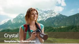  Presentation with adventure - Audience pleasing presentation consisting of adventure travel tourism hike and people concept - happy young woman with backpack and camera photographing over alps mountains background backdrop and a tawny brown colored foreground