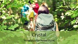  Presentation with travel friends - Audience pleasing slide deck consisting of adventure travel tourism hike and people concept - close up of friends walking with backpacks in woods from back backdrop and a yellow colored foreground