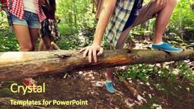  Presentation with travel friends - Amazing PPT layouts having adventure travel tourism hike and people concept - close up of friends hiking with backpacks and climbing over fallen tree trunk in woods backdrop and a tawny brown colored foreground
