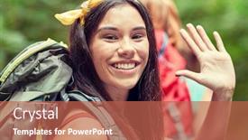  Presentation with travel friends - Audience pleasing slides consisting of adventure travel tourism hike and people concept - group of smiling friends walking with backpacks in woods backdrop and a red colored foreground