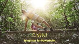  Presentation with travel friends - Cool new presentation theme with adventure travel tourism hike and people concept - group of smiling friends walking with backpacks and jumping over fallen tree trunk in woods backdrop and a tawny brown colored foreground