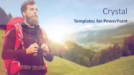  Presentation with binocular - PPT layouts enhanced with adventure travel tourism hike and people concept - man with red backpack and binocular over alpine mountains and hills background background and a sky blue colored foreground
