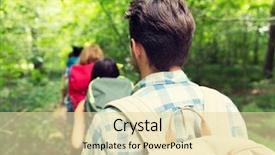  Presentation with travel friends - Theme having adventure travel tourism hike and people concept - close up of friends walking with backpacks in woods from back background and a blonde colored foreground