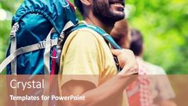  Presentation with travel friends - Slides enhanced with adventure travel tourism hike and people concept - close up of friends walking with backpacks in woods background and a coral colored foreground