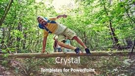  Presentation with travel friends - Slide deck enhanced with adventure travel tourism hike and people concept - group of smiling friends walking with backpacks and jumping over fallen tree trunk in woods background and a tawny brown colored foreground