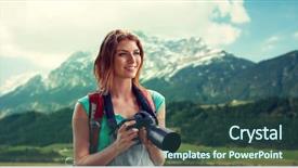  Presentation with adventure - Colorful PPT layouts enhanced with adventure travel tourism hike and people concept - happy young woman with backpack and camera photographing over alps mountains background backdrop and a ocean colored foreground