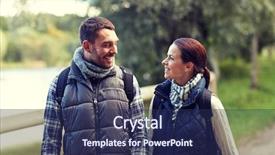  Presentation with family tourism - Slide deck enhanced with adventure travel tourism hike and people concept - happy family couple walking with backpacks in woods background and a navy blue colored foreground