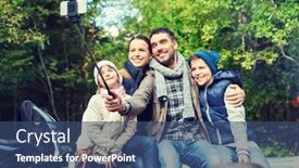  Presentation with family tourism - Amazing PPT theme having adventure travel tourism hike and people concept - happy family walking with backpacks in woods backdrop and a ocean colored foreground