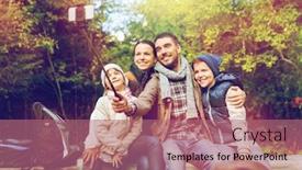  Presentation with family tourism - PPT layouts with adventure travel tourism hike and people concept - happy family walking with backpacks in woods background and a coral colored foreground