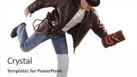  Presentation with treasure - Colorful presentation theme enhanced with joyful little boy sitting on the floor dressed in a gray suit holding a box with a gift - isolated on white background backdrop and a red colored foreground