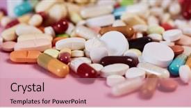  Presentation with medicine - Amazing PPT theme having adverse drug reaction - many colorful medicines and tablets backdrop and a coral colored foreground