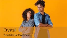  Presentation with upset - Audience pleasing PPT theme consisting of adversity - upset african couple standing isolated backdrop and a gold colored foreground