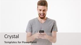  Presentation with happy image - PPT theme having advert - image of happy handsome young background and a light gray colored foreground