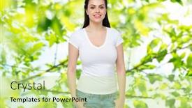  Presentation with young happy people smiling - PPT layouts consisting of advertisement clothing and people concept - happy smiling young woman or teenage girl in white t-shirt over green natural background background and a mint green colored foreground