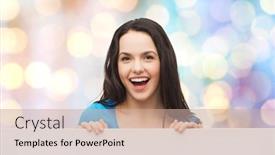  Presentation with blue lights - Presentation featuring advertisement sale and people concept - smiling young girl with blank white board over blue holidays lights background background and a coral colored foreground