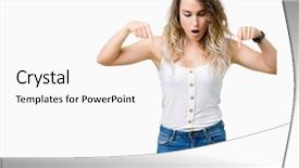  Presentation with advertisement - Amazing PPT theme having advertising - beautiful young blonde woman backdrop and a  colored foreground