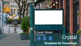  Presentation with clipping - Presentation theme featuring advertising - blank billboard on subway entrance background and a ocean colored foreground